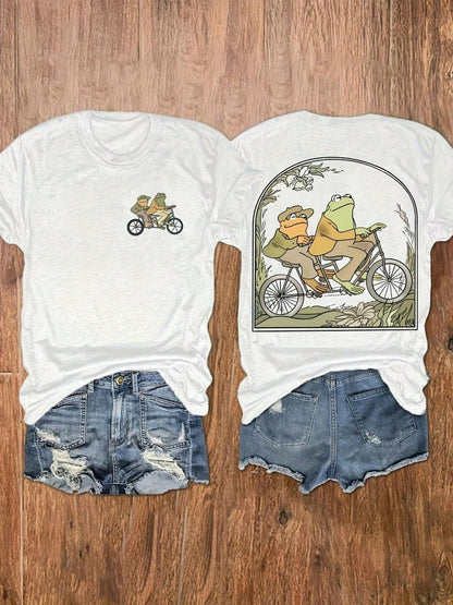 Frog Bicycle Casual Printed Crew Neck T-Shirt, Casual Vacation Women's Short Sleeve Top, Women's Anti-Wrinkle Cotton T-Shirt