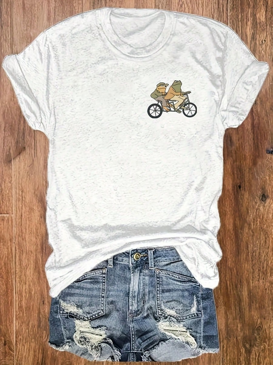 Frog Bicycle Casual Printed Crew Neck T-Shirt, Casual Vacation Women's Short Sleeve Top, Women's Anti-Wrinkle Cotton T-Shirt