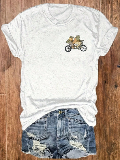 Frog Bicycle Casual Printed Crew Neck T-Shirt, Casual Vacation Women's Short Sleeve Top, Women's Anti-Wrinkle Cotton T-Shirt
