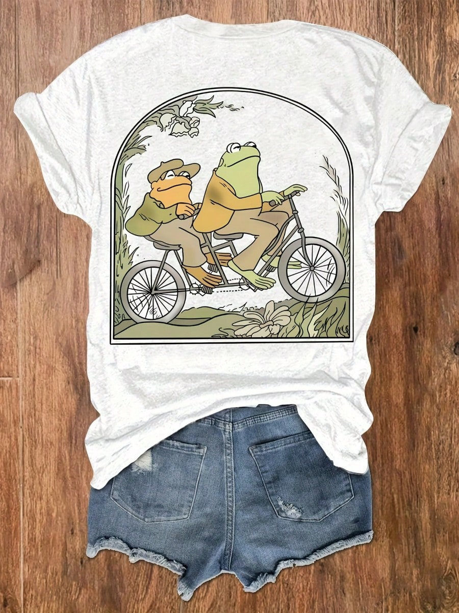 Frog Bicycle Casual Printed Crew Neck T-Shirt, Casual Vacation Women's Short Sleeve Top, Women's Anti-Wrinkle Cotton T-Shirt