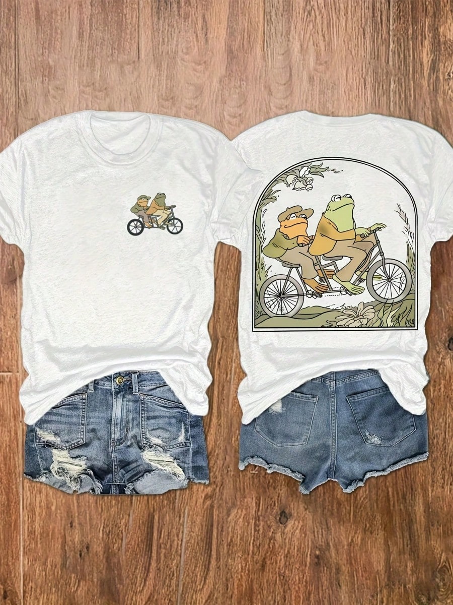 Frog Bicycle Casual Printed Crew Neck T-Shirt, Casual Vacation Women's Short Sleeve Top, Women's Anti-Wrinkle Cotton T-Shirt
