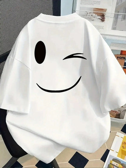 Front And Back Printed Short-Sleeve T-Shirt- Winking And Smiling Expressions- A Spring And Summer Printed T-Shirt For Women, Your Best Choice!