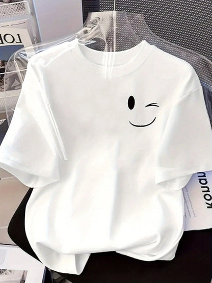 Front And Back Printed Short-Sleeve T-Shirt- Winking And Smiling Expressions- A Spring And Summer Printed T-Shirt For Women, Your Best Choice!
