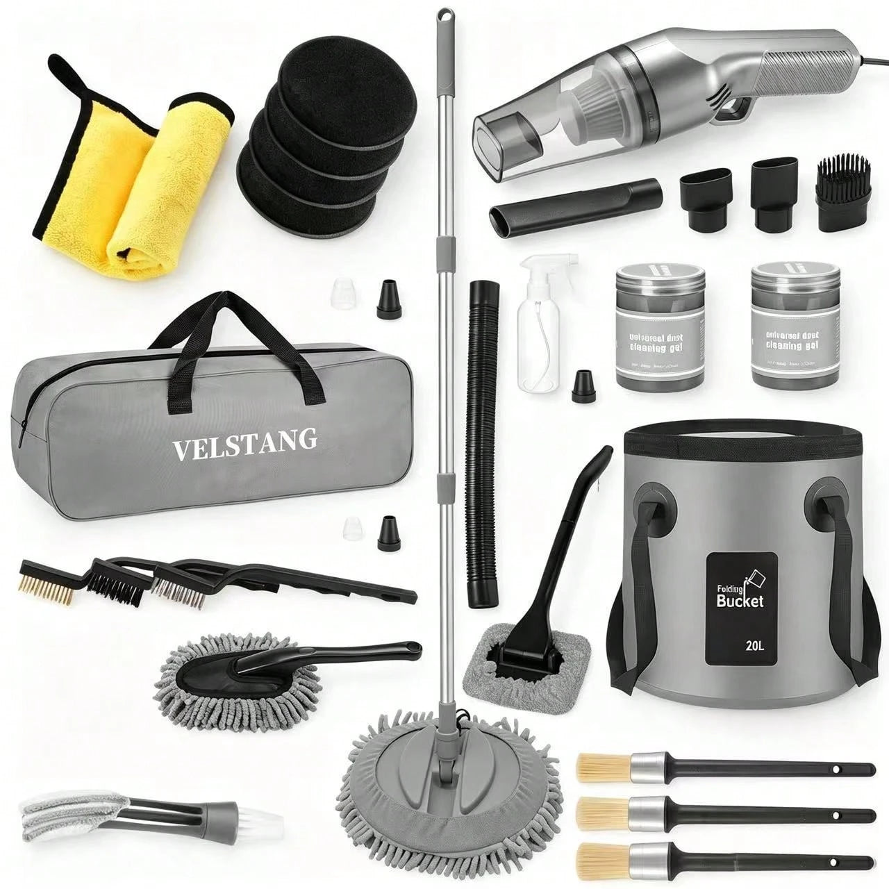 Full Car Cleaning Tools, High Power Handheld Vacuum, Long Handle Wash Mop, Bucket, Detail Brushes, Windshield Care Supplies