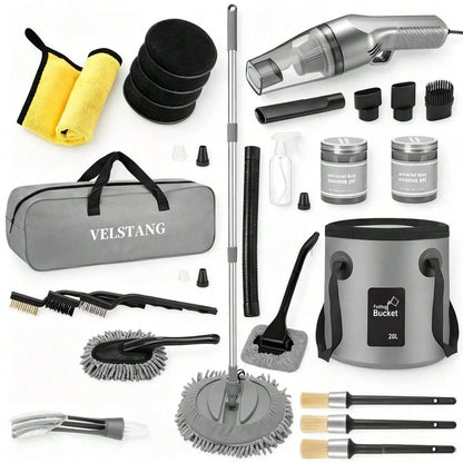 Full Car Cleaning Tools, High Power Handheld Vacuum, Long Handle Wash Mop, Bucket, Detail Brushes, Windshield Care Supplies