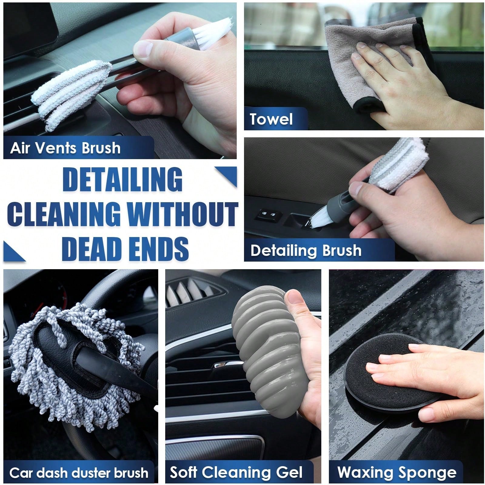 Full Car Cleaning Tools, High Power Handheld Vacuum, Long Handle Wash Mop, Bucket, Detail Brushes, Windshield Care Supplies