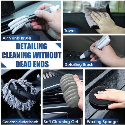 Full Car Cleaning Tools, High Power Handheld Vacuum, Long Handle Wash Mop, Bucket, Detail Brushes, Windshield Care Supplies
