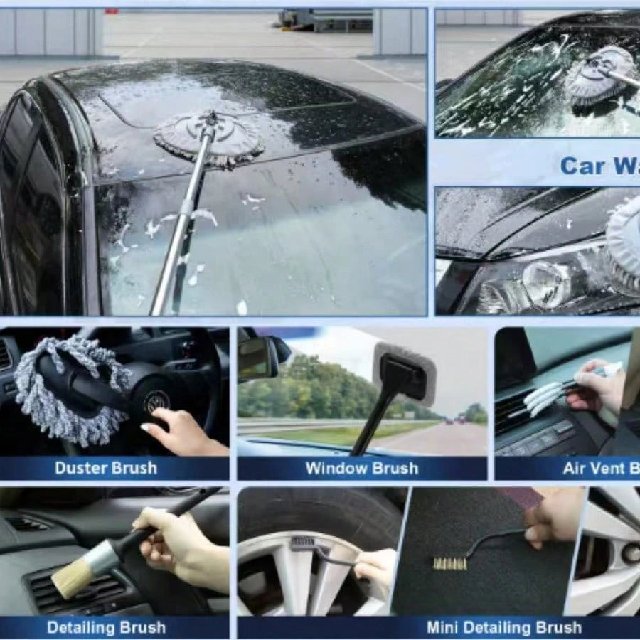 Full Car Cleaning Tools, High Power Handheld Vacuum, Long Handle Wash Mop, Bucket, Detail Brushes, Windshield Care Supplies
