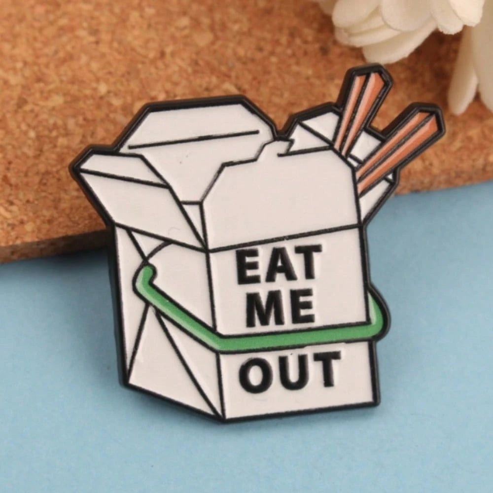 Funny Takeout Box Shaped Enamel Pin Eat Me Out Themed Takeaway Box Badge Quirky Chinese Takeout Box Brooch