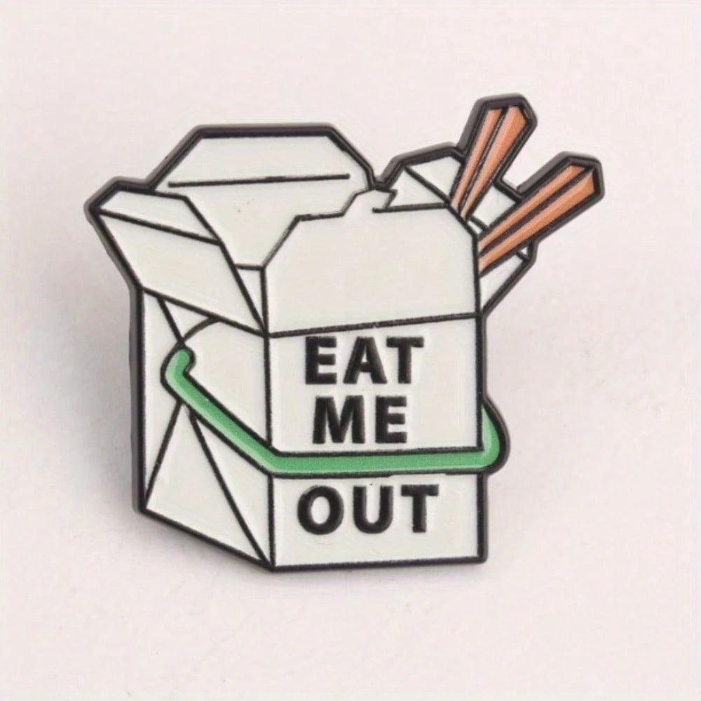 Funny Takeout Box Shaped Enamel Pin Eat Me Out Themed Takeaway Box Badge Quirky Chinese Takeout Box Brooch