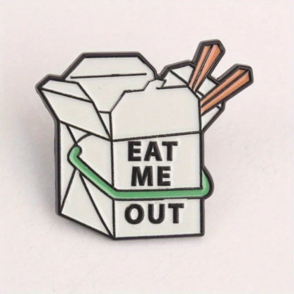 Funny Takeout Box Shaped Enamel Pin Eat Me Out Themed Takeaway Box Badge Quirky Chinese Takeout Box Brooch