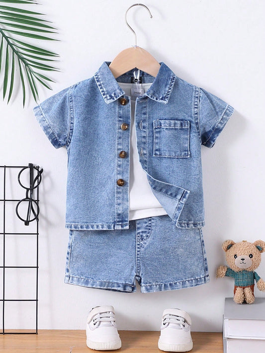 Genkimix Kids 2 Pieces Denim Set For Baby Boys,Blue White Stripe,Summer,Casual Preppy Style Retro Light Blue Shirt & Straight-Leg Shorts With Elastic Waistband