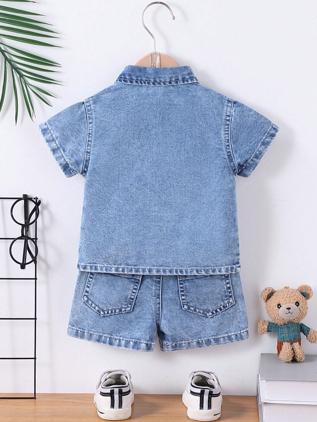 Genkimix Kids 2 Pieces Denim Set For Baby Boys,Blue White Stripe,Summer,Casual Preppy Style Retro Light Blue Shirt & Straight-Leg Shorts With Elastic Waistband