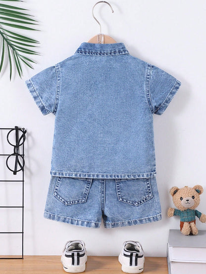 Genkimix Kids 2 Pieces Denim Set For Baby Boys,Blue White Stripe,Summer,Casual Preppy Style Retro Light Blue Shirt & Straight-Leg Shorts With Elastic Waistband