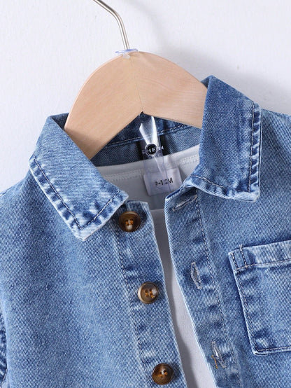 Genkimix Kids 2 Pieces Denim Set For Baby Boys,Blue White Stripe,Summer,Casual Preppy Style Retro Light Blue Shirt & Straight-Leg Shorts With Elastic Waistband