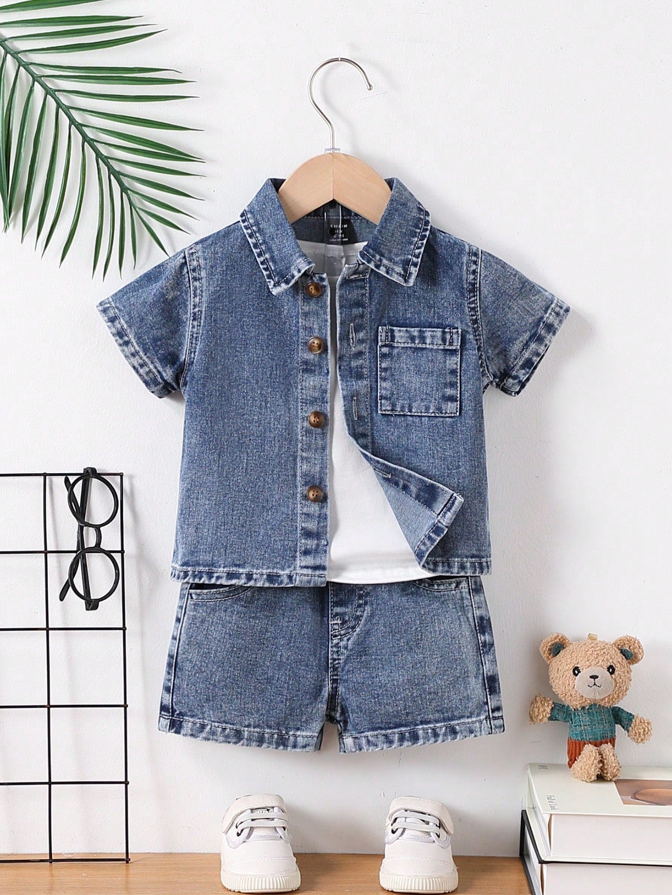 Genkimix Kids 2 Pieces Denim Set For Baby Boys,Blue White Stripe,Summer,Casual Preppy Style Retro Light Blue Shirt & Straight-Leg Shorts With Elastic Waistband