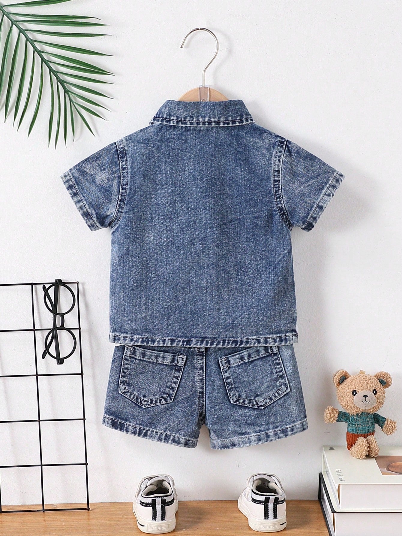 Genkimix Kids 2 Pieces Denim Set For Baby Boys,Blue White Stripe,Summer,Casual Preppy Style Retro Light Blue Shirt & Straight-Leg Shorts With Elastic Waistband