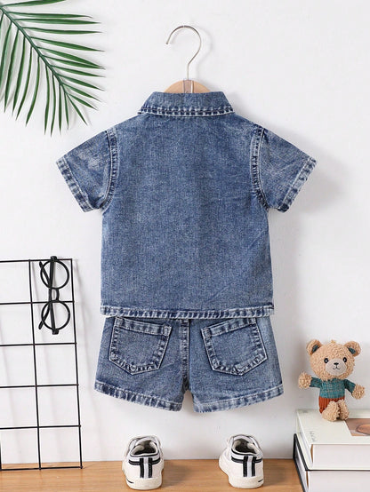 Genkimix Kids 2 Pieces Denim Set For Baby Boys,Blue White Stripe,Summer,Casual Preppy Style Retro Light Blue Shirt & Straight-Leg Shorts With Elastic Waistband