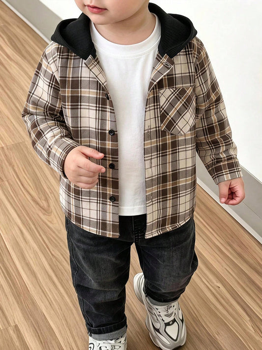 Genkimix Kids Boys Plaid Pattern Hooded Shacket, Spring/Autumn