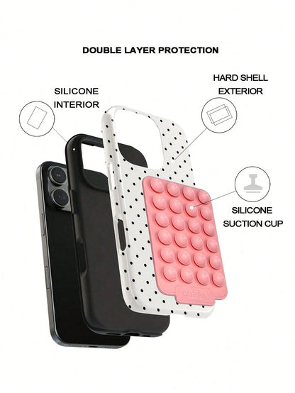 GIIPPA 1 Set White Background With Black Polka Dot Pattern Phone Case + Pink Suction Cup, Suitable For IPhone 17 Pro Max, 16 Pro Max, 15 Pro Max, 14 Pro Max, Korean Stylish And Interesting Phone Case