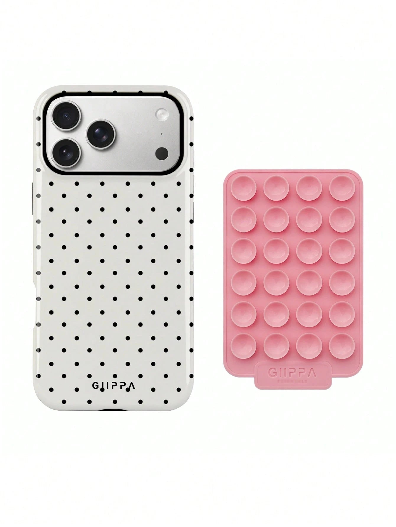 GIIPPA 1 Set White Background With Black Polka Dot Pattern Phone Case + Pink Suction Cup, Suitable For IPhone 17 Pro Max, 16 Pro Max, 15 Pro Max, 14 Pro Max, Korean Stylish And Interesting Phone Case