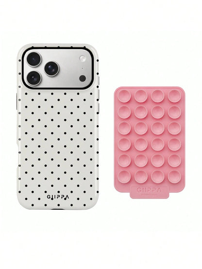 GIIPPA 1 Set White Background With Black Polka Dot Pattern Phone Case + Pink Suction Cup, Suitable For IPhone 17 Pro Max, 16 Pro Max, 15 Pro Max, 14 Pro Max, Korean Stylish And Interesting Phone Case