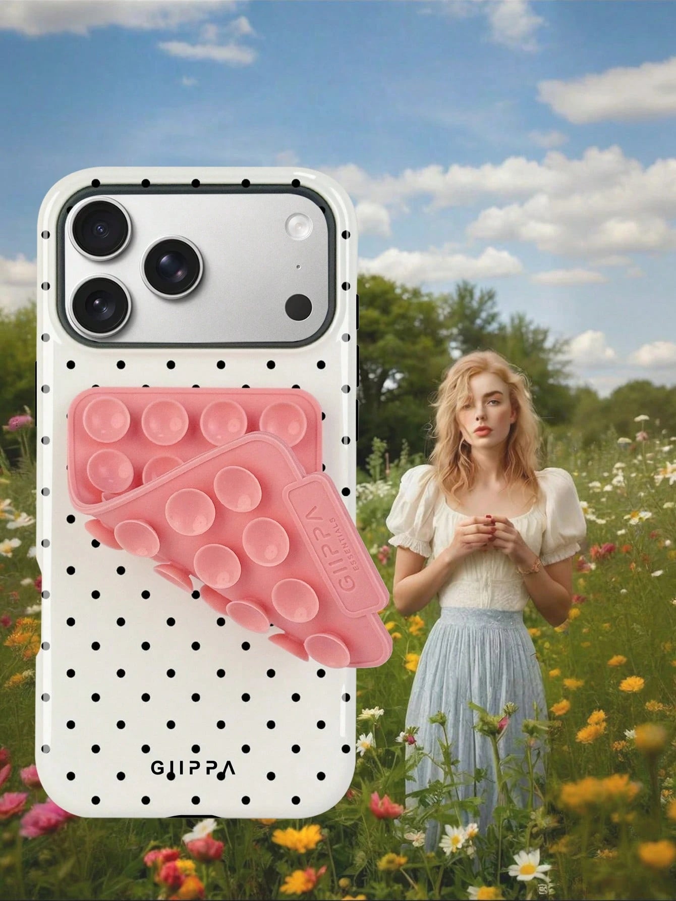GIIPPA 1 Set White Background With Black Polka Dot Pattern Phone Case + Pink Suction Cup, Suitable For IPhone 17 Pro Max, 16 Pro Max, 15 Pro Max, 14 Pro Max, Korean Stylish And Interesting Phone Case