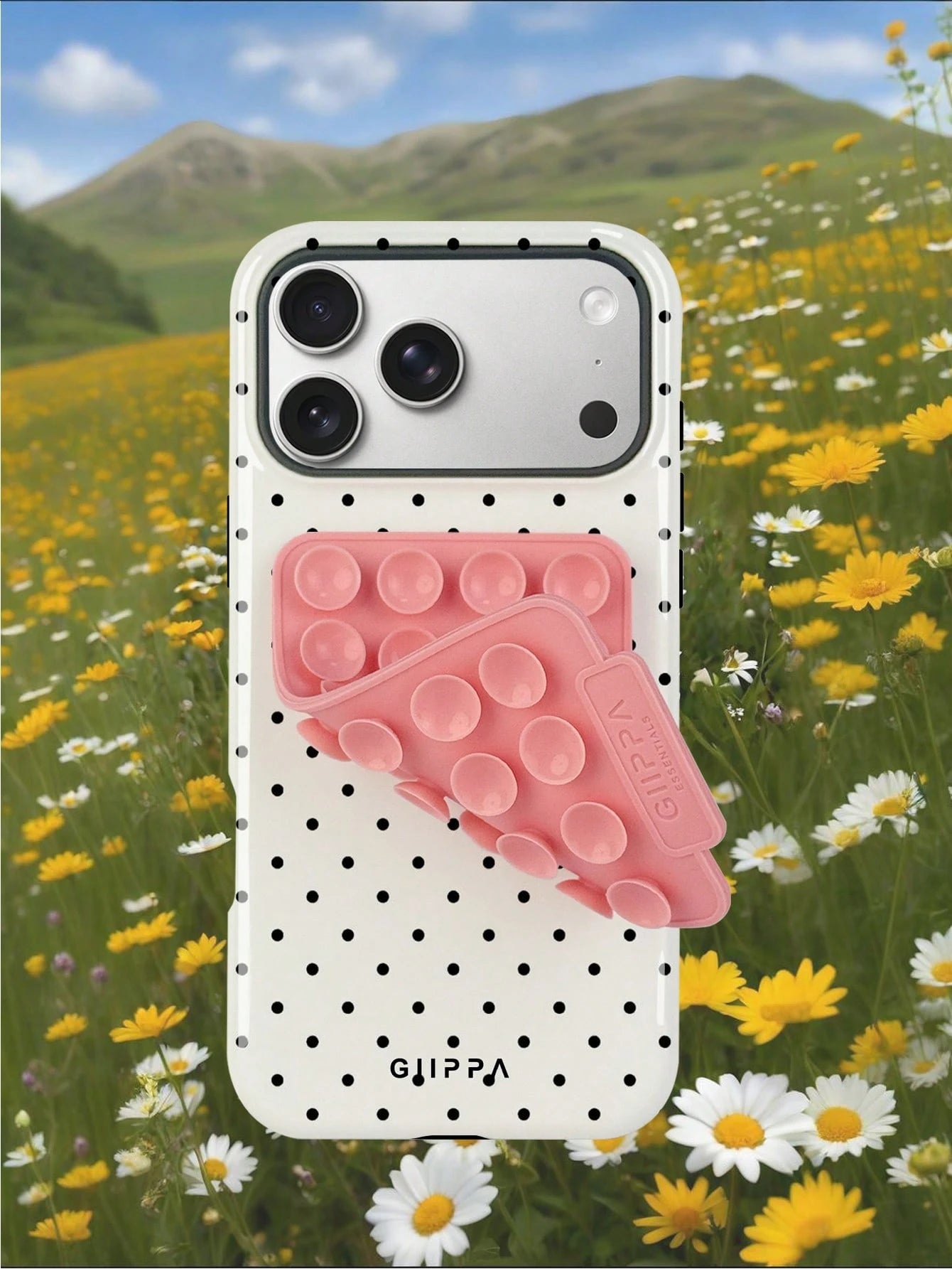GIIPPA 1 Set White Background With Black Polka Dot Pattern Phone Case + Pink Suction Cup, Suitable For IPhone 17 Pro Max, 16 Pro Max, 15 Pro Max, 14 Pro Max, Korean Stylish And Interesting Phone Case