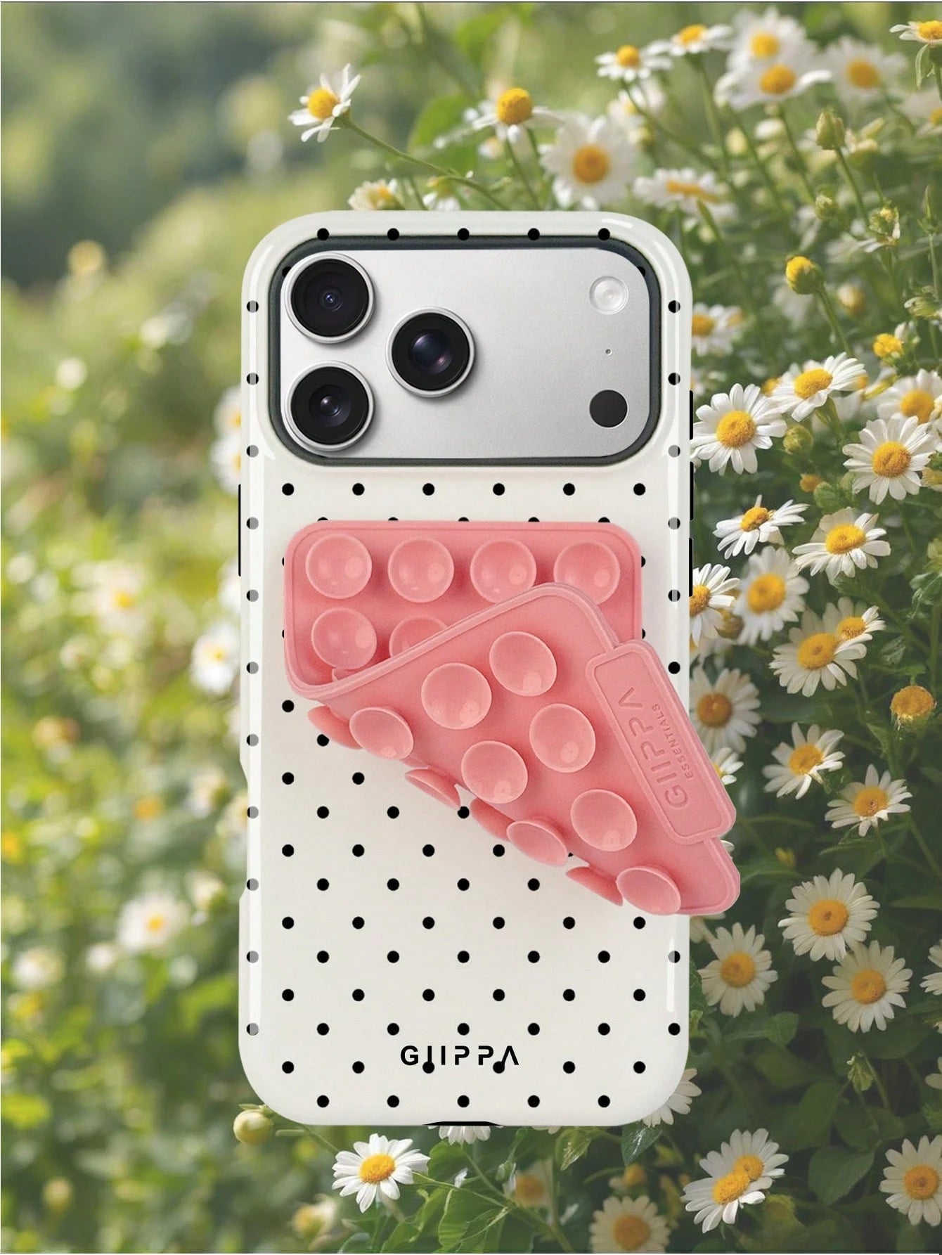 GIIPPA 1 Set White Background With Black Polka Dot Pattern Phone Case + Pink Suction Cup, Suitable For IPhone 17 Pro Max, 16 Pro Max, 15 Pro Max, 14 Pro Max, Korean Stylish And Interesting Phone Case