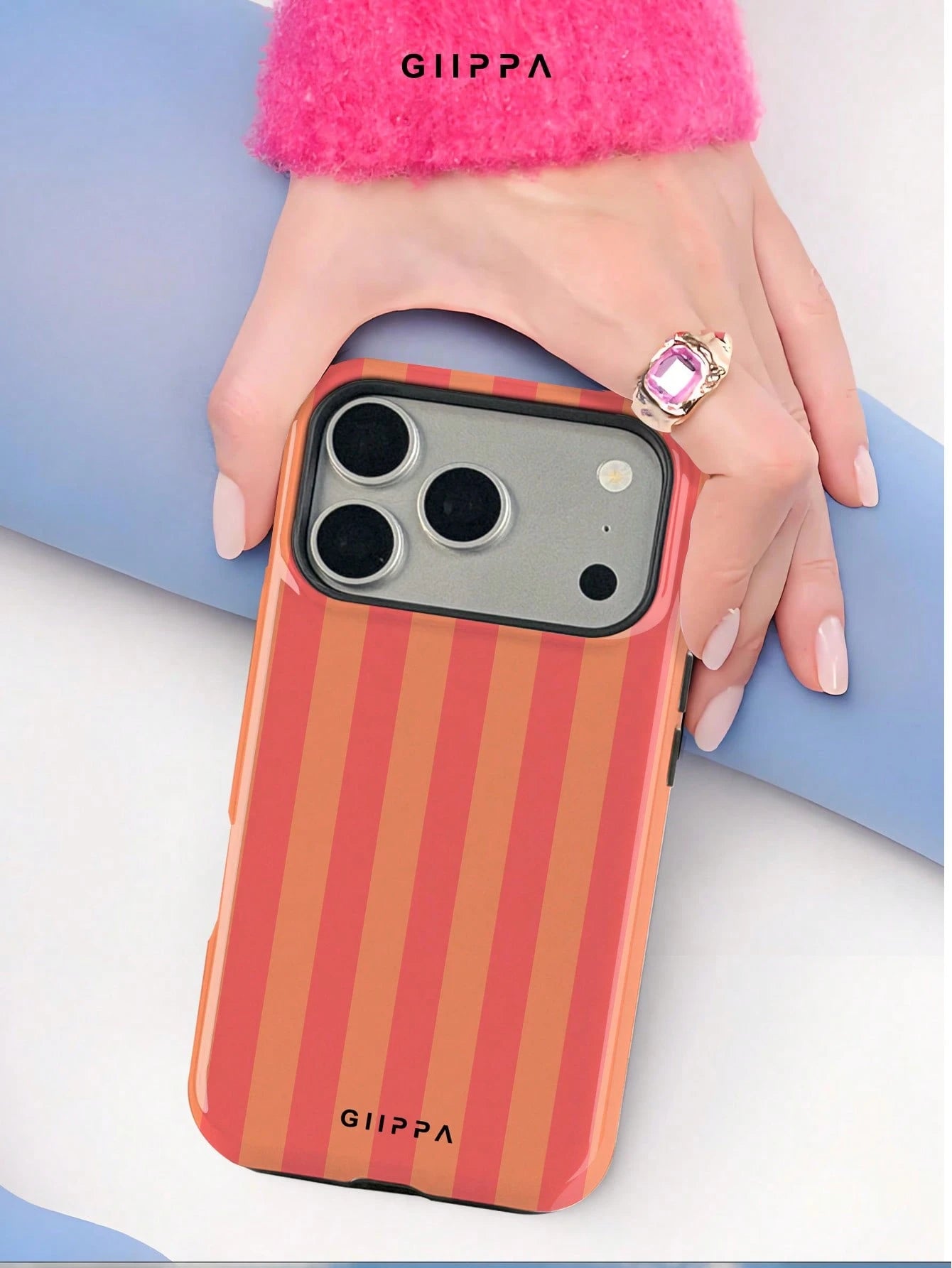 GIIPPA 1pc Orange-Red Vertical Stripe Pattern Design, Phone 17 Pro Max Phone Case, Compatible With Phone 16 Pro Max, 15 Pro Max, 14 Pro Max, Korean Style High-End Fashion Fun Phone Case, Compatible Wi