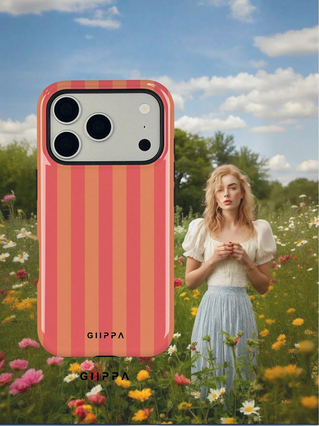 GIIPPA 1pc Orange-Red Vertical Stripe Pattern Design, Phone 17 Pro Max Phone Case, Compatible With Phone 16 Pro Max, 15 Pro Max, 14 Pro Max, Korean Style High-End Fashion Fun Phone Case, Compatible Wi