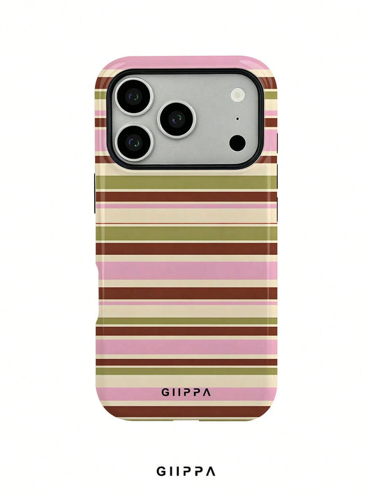 GIIPPA 1pc Warm Brown, Light Pink, Beige, Olive Green Four-Color Mixed Horizontal Stripe Pattern Design Phone 17 Pro Max Phone Case, Compatible With Phone 16 Pro Max, 15 Pro Max, 14 Pro Max, 11/12/13