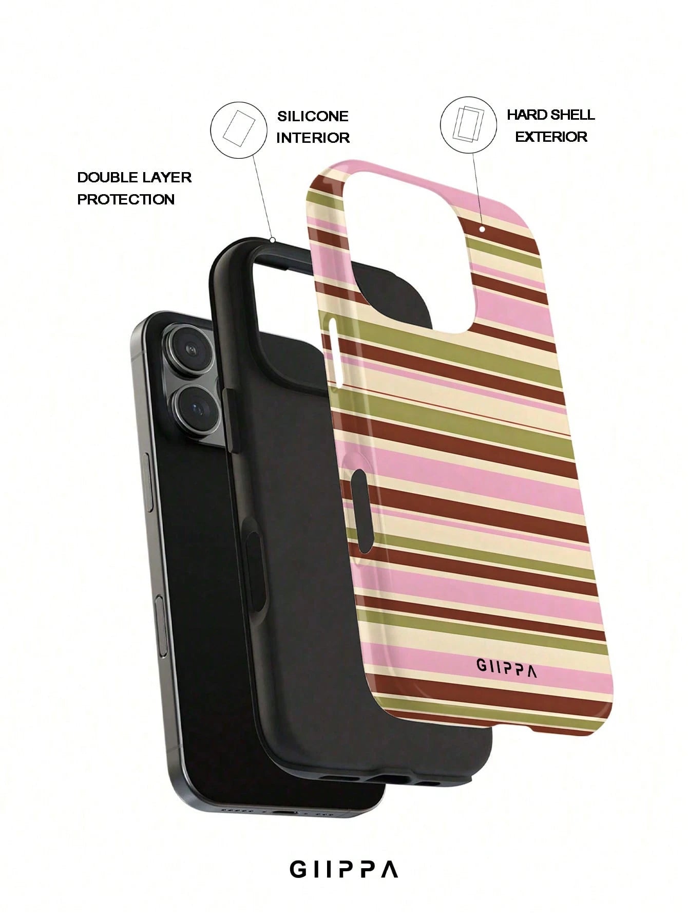 GIIPPA 1pc Warm Brown, Light Pink, Beige, Olive Green Four-Color Mixed Horizontal Stripe Pattern Design Phone 17 Pro Max Phone Case, Compatible With Phone 16 Pro Max, 15 Pro Max, 14 Pro Max, 11/12/13