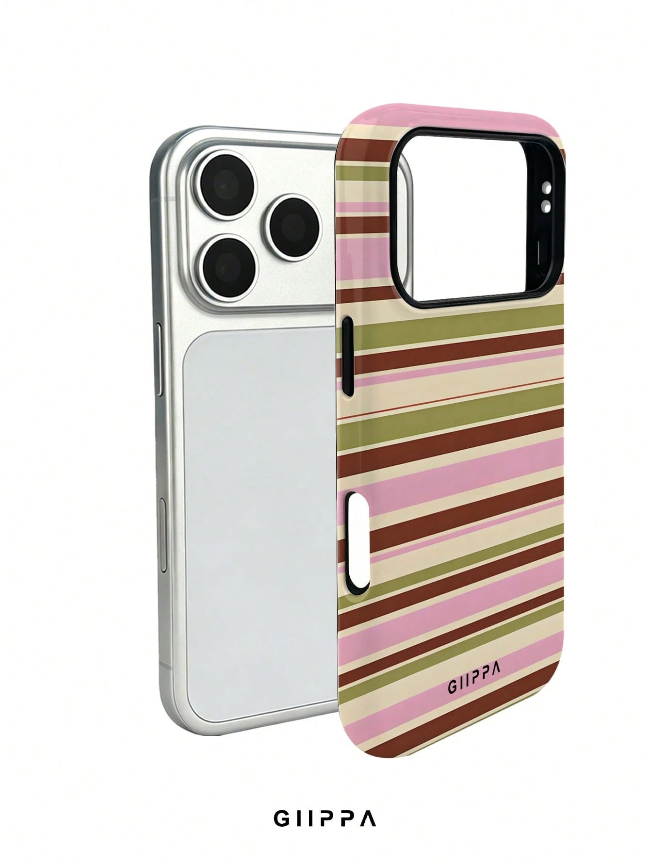 GIIPPA 1pc Warm Brown, Light Pink, Beige, Olive Green Four-Color Mixed Horizontal Stripe Pattern Design Phone 17 Pro Max Phone Case, Compatible With Phone 16 Pro Max, 15 Pro Max, 14 Pro Max, 11/12/13