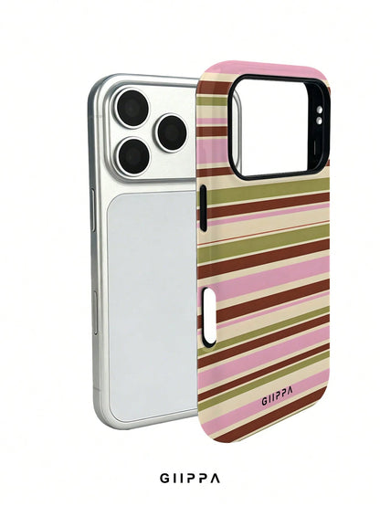 GIIPPA 1pc Warm Brown, Light Pink, Beige, Olive Green Four-Color Mixed Horizontal Stripe Pattern Design Phone 17 Pro Max Phone Case, Compatible With Phone 16 Pro Max, 15 Pro Max, 14 Pro Max, 11/12/13