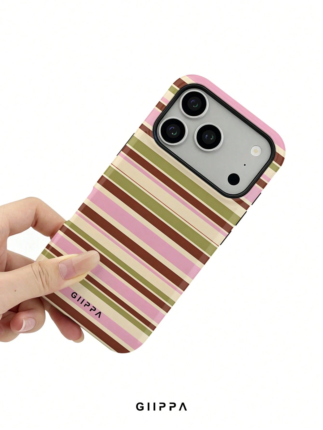 GIIPPA 1pc Warm Brown, Light Pink, Beige, Olive Green Four-Color Mixed Horizontal Stripe Pattern Design Phone 17 Pro Max Phone Case, Compatible With Phone 16 Pro Max, 15 Pro Max, 14 Pro Max, 11/12/13