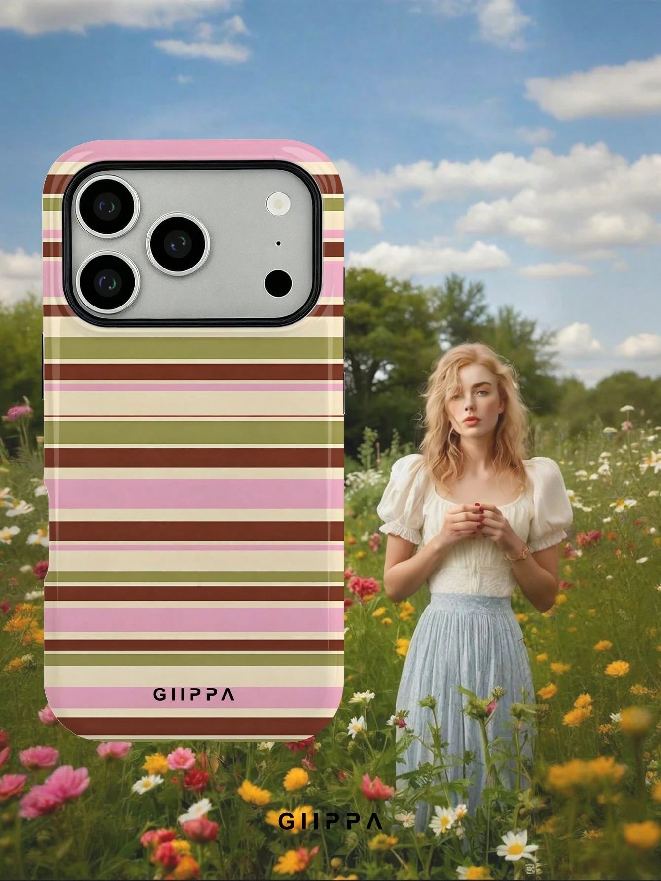 GIIPPA 1pc Warm Brown, Light Pink, Beige, Olive Green Four-Color Mixed Horizontal Stripe Pattern Design Phone 17 Pro Max Phone Case, Compatible With Phone 16 Pro Max, 15 Pro Max, 14 Pro Max, 11/12/13