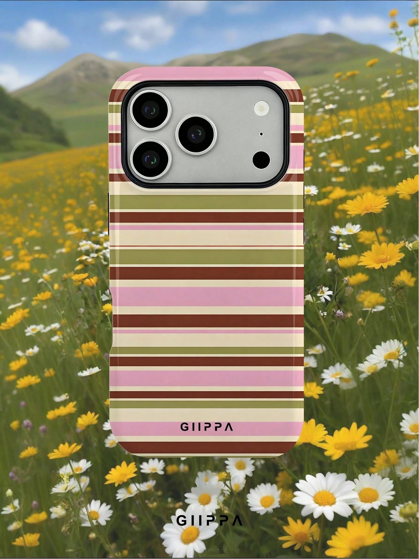 GIIPPA 1pc Warm Brown, Light Pink, Beige, Olive Green Four-Color Mixed Horizontal Stripe Pattern Design Phone 17 Pro Max Phone Case, Compatible With Phone 16 Pro Max, 15 Pro Max, 14 Pro Max, 11/12/13