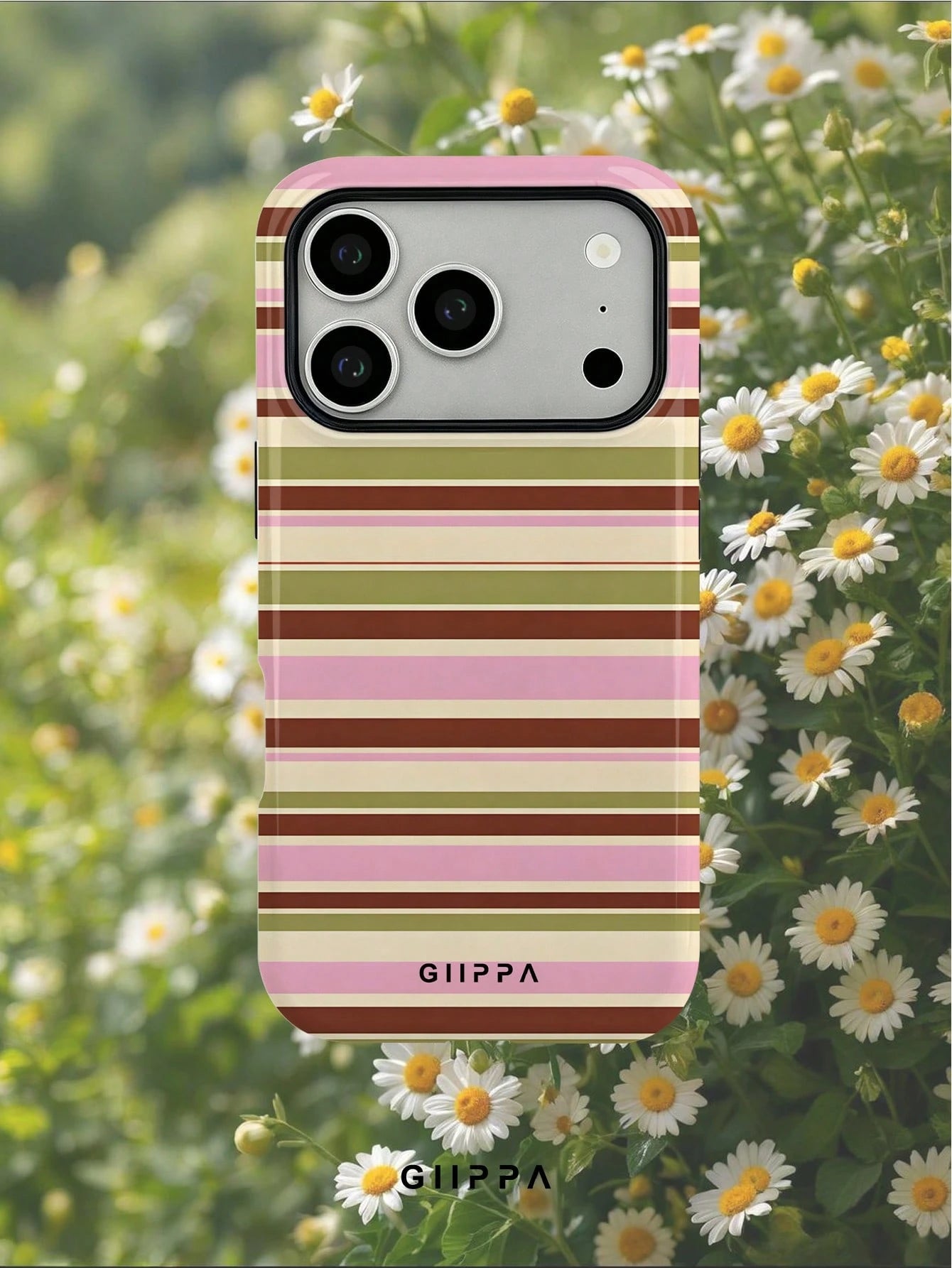 GIIPPA 1pc Warm Brown, Light Pink, Beige, Olive Green Four-Color Mixed Horizontal Stripe Pattern Design Phone 17 Pro Max Phone Case, Compatible With Phone 16 Pro Max, 15 Pro Max, 14 Pro Max, 11/12/13