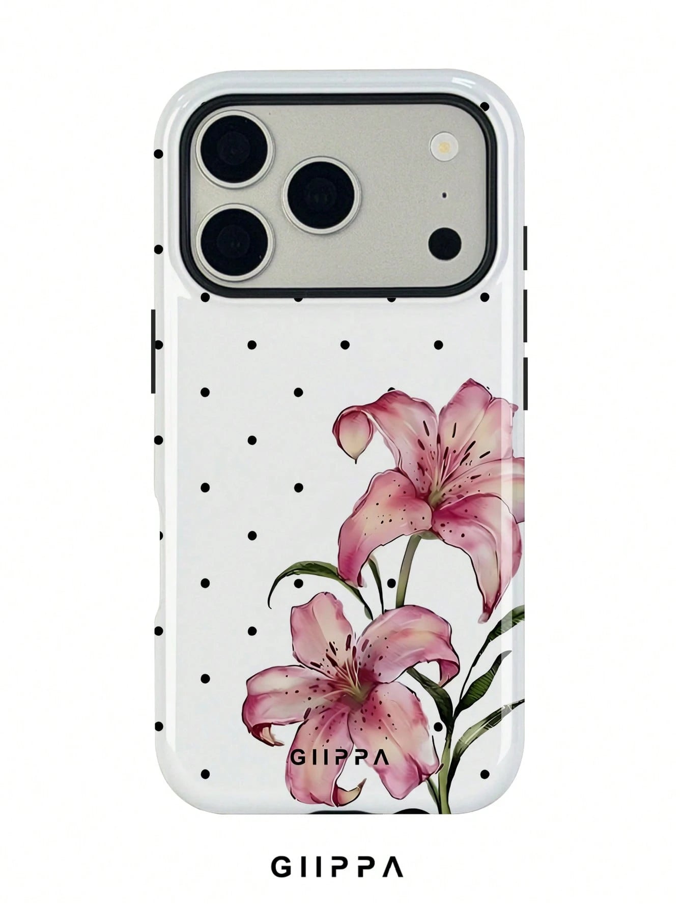 GIIPPA 1pc White Base With Black Polka Dot And Floral Pattern Design, Phone 17 Pro Max Phone Case, Compatible With Phone 16 Pro Max, 15 Pro Max, 14 Pro Max, Korean-Style High-End Fashion Fun Phone Cas