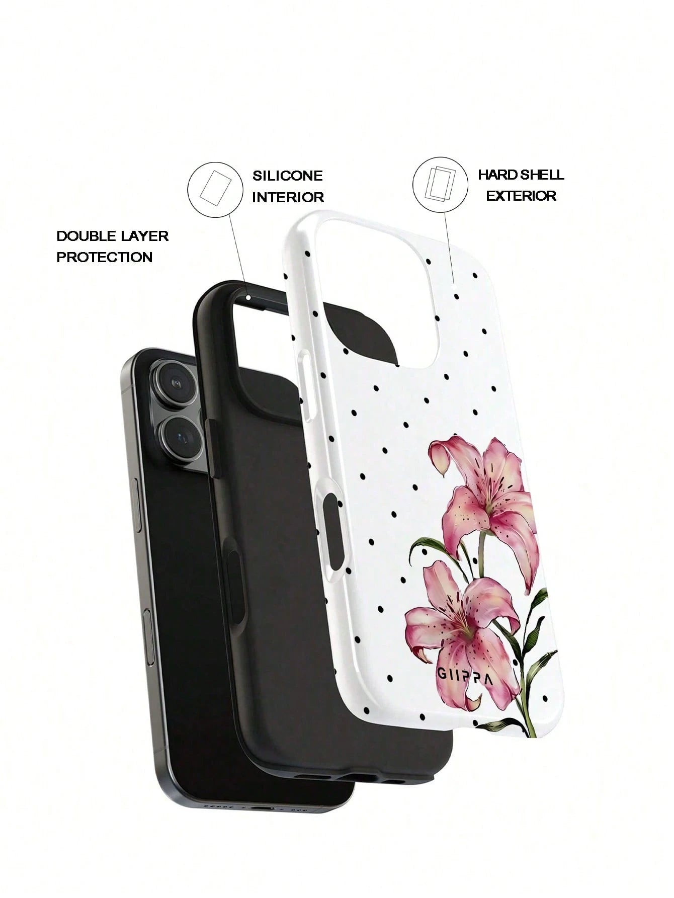 GIIPPA 1pc White Base With Black Polka Dot And Floral Pattern Design, Phone 17 Pro Max Phone Case, Compatible With Phone 16 Pro Max, 15 Pro Max, 14 Pro Max, Korean-Style High-End Fashion Fun Phone Cas