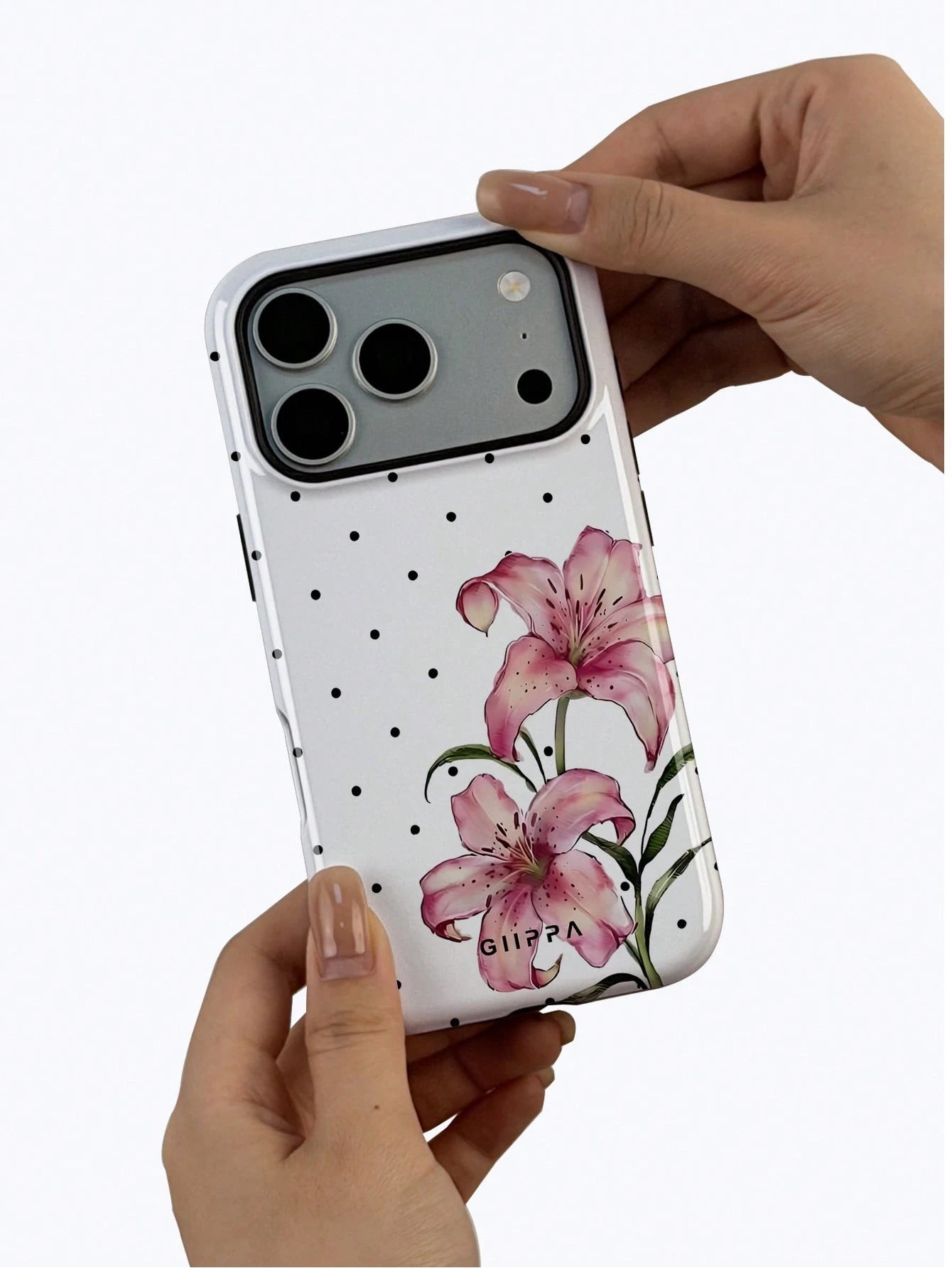 GIIPPA 1pc White Base With Black Polka Dot And Floral Pattern Design, Phone 17 Pro Max Phone Case, Compatible With Phone 16 Pro Max, 15 Pro Max, 14 Pro Max, Korean-Style High-End Fashion Fun Phone Cas