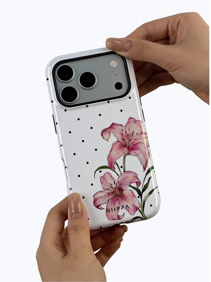 GIIPPA 1pc White Base With Black Polka Dot And Floral Pattern Design, Phone 17 Pro Max Phone Case, Compatible With Phone 16 Pro Max, 15 Pro Max, 14 Pro Max, Korean-Style High-End Fashion Fun Phone Cas