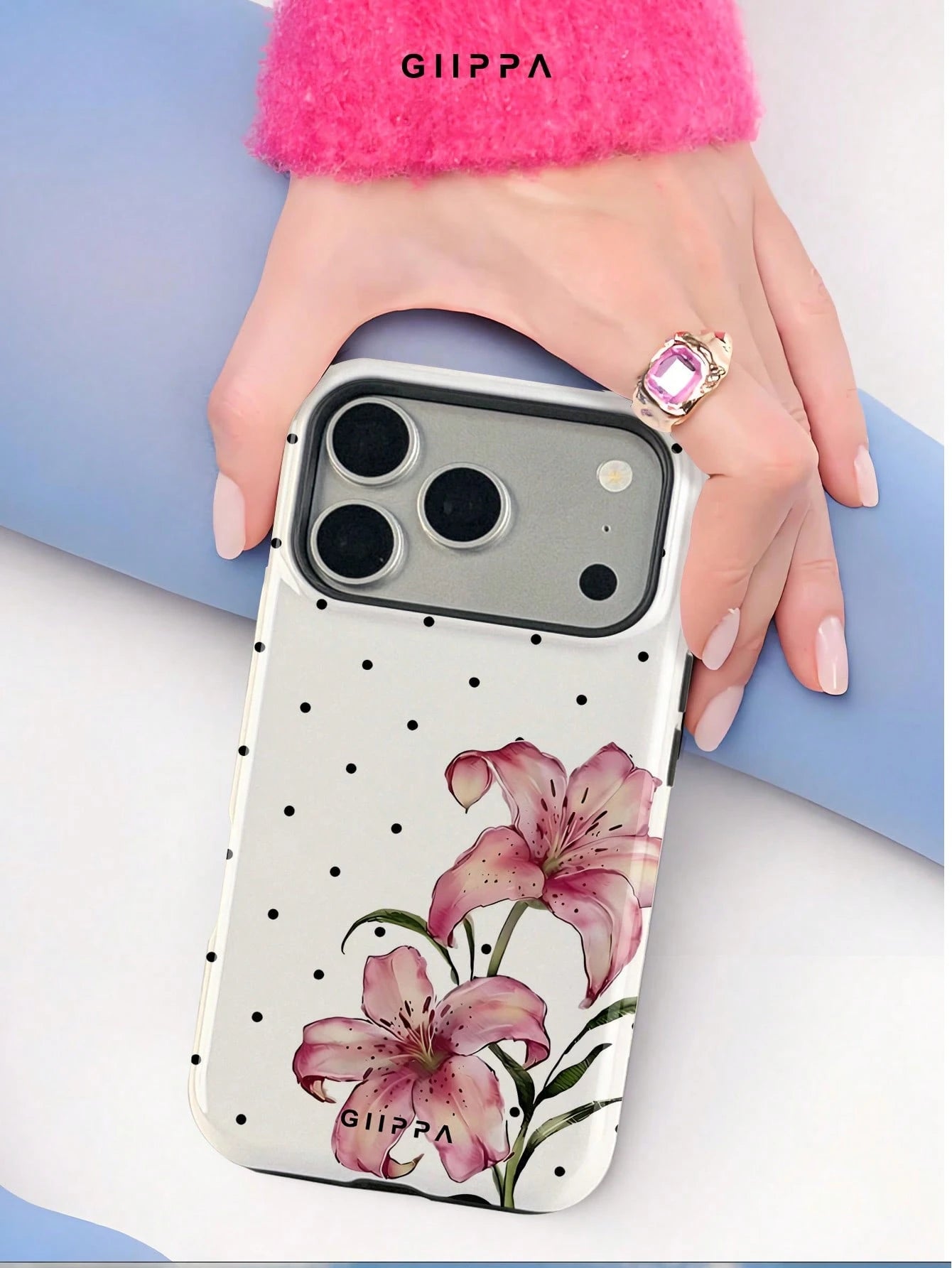 GIIPPA 1pc White Base With Black Polka Dot And Floral Pattern Design, Phone 17 Pro Max Phone Case, Compatible With Phone 16 Pro Max, 15 Pro Max, 14 Pro Max, Korean-Style High-End Fashion Fun Phone Cas