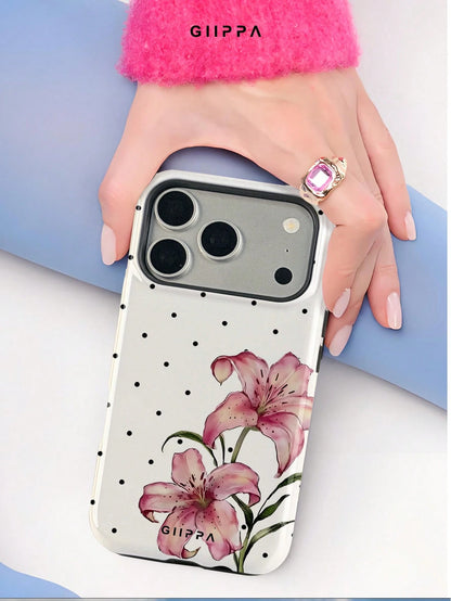 GIIPPA 1pc White Base With Black Polka Dot And Floral Pattern Design, Phone 17 Pro Max Phone Case, Compatible With Phone 16 Pro Max, 15 Pro Max, 14 Pro Max, Korean-Style High-End Fashion Fun Phone Cas