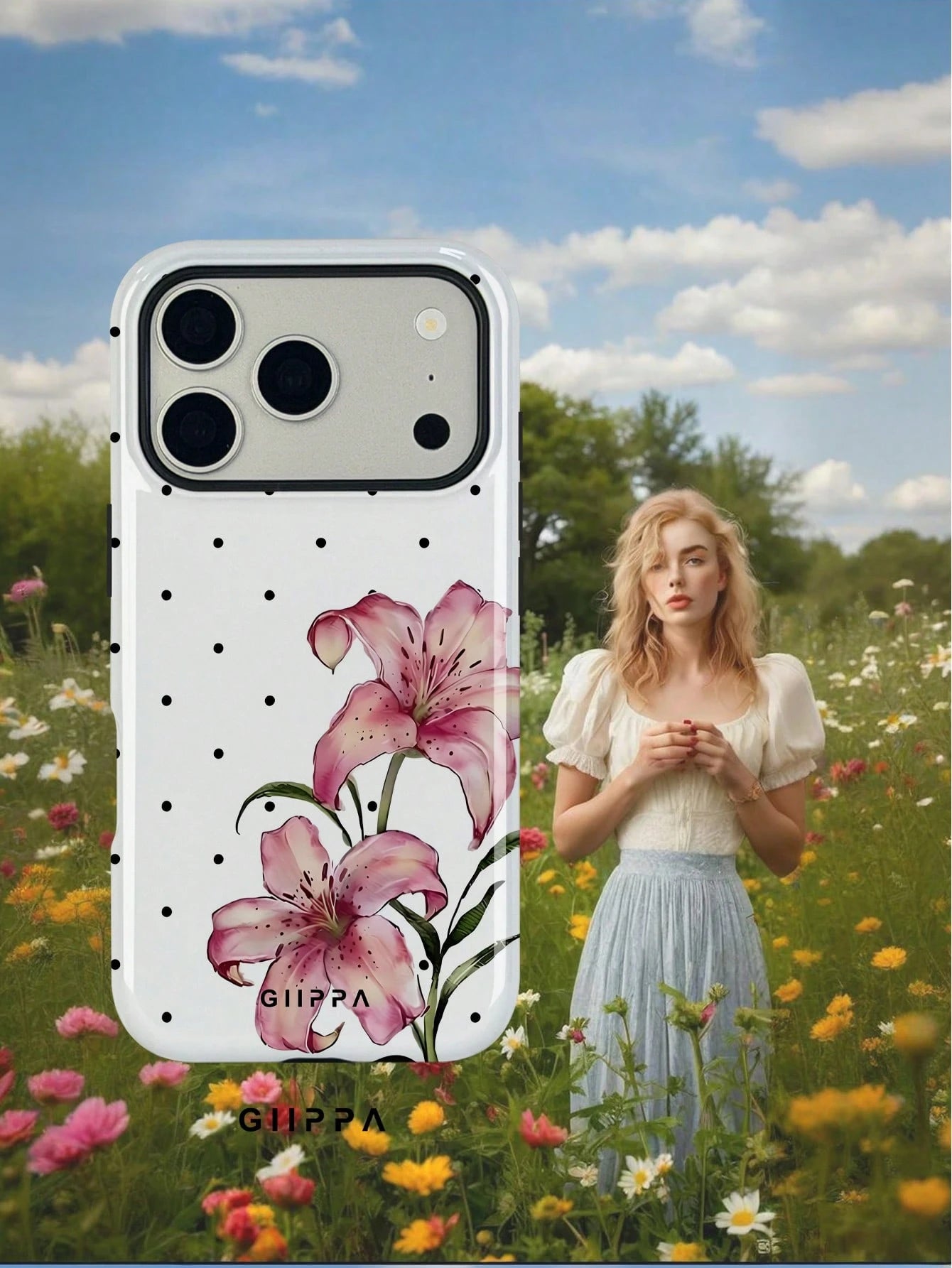 GIIPPA 1pc White Base With Black Polka Dot And Floral Pattern Design, Phone 17 Pro Max Phone Case, Compatible With Phone 16 Pro Max, 15 Pro Max, 14 Pro Max, Korean-Style High-End Fashion Fun Phone Cas