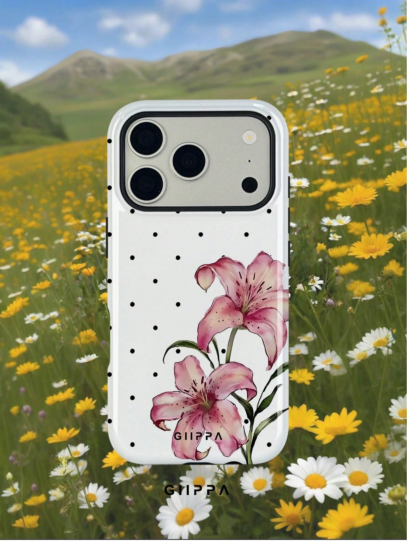 GIIPPA 1pc White Base With Black Polka Dot And Floral Pattern Design, Phone 17 Pro Max Phone Case, Compatible With Phone 16 Pro Max, 15 Pro Max, 14 Pro Max, Korean-Style High-End Fashion Fun Phone Cas