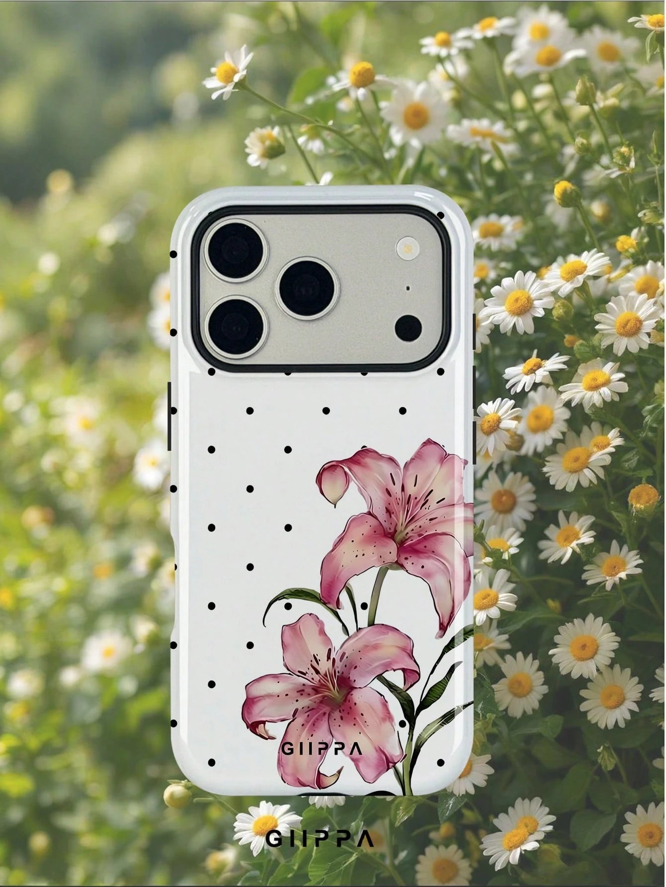 GIIPPA 1pc White Base With Black Polka Dot And Floral Pattern Design, Phone 17 Pro Max Phone Case, Compatible With Phone 16 Pro Max, 15 Pro Max, 14 Pro Max, Korean-Style High-End Fashion Fun Phone Cas