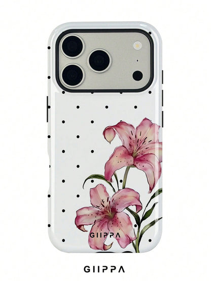 GIIPPA 1pc White Base With Black Polka Dot And Floral Pattern Design, Phone 17 Pro Max Phone Case, Compatible With Phone 16 Pro Max, 15 Pro Max, 14 Pro Max, Korean-Style High-End Fashion Fun Phone Cas
