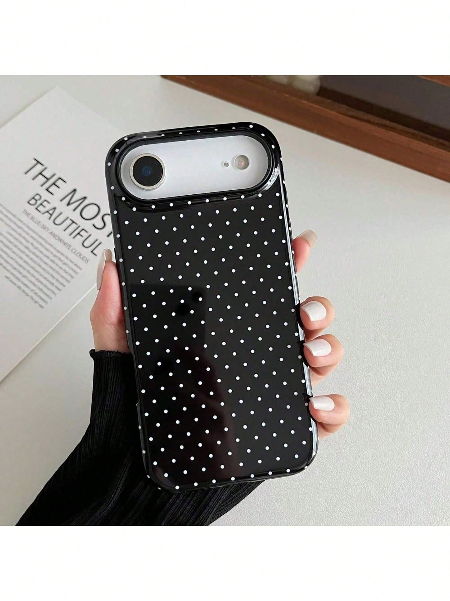 GIIPPA Black Background White Polka Dot 2-In-1 Glossy Texture Phone Case, Compatible With Phone 17, 17 Air, 16, 15, 14, 13, 12, 11, Pro Max, Plus, X, XS